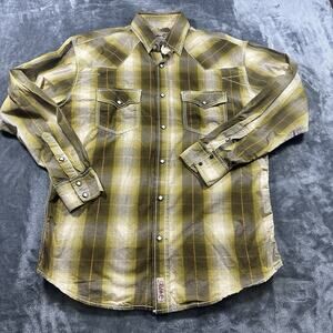 Rafter C‎ Shirt Western Pearl Snap Men's Large Green/Yellow Plaid Cowboy Rodeo